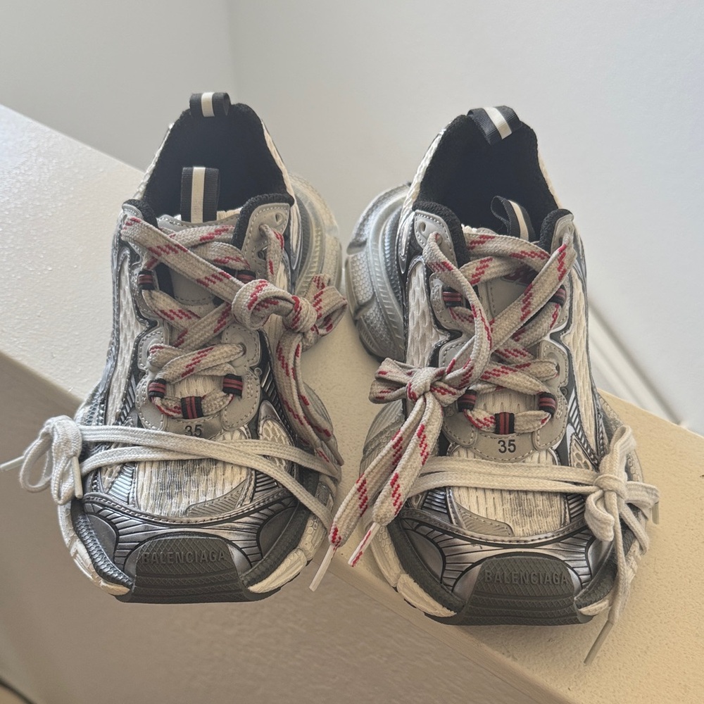Balenciaga Silver Gray Running Sneakers with Red-Accent Laces